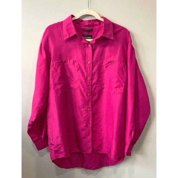 100% Silk Paul Harris Size L Fuchsia Pink Women Tunic Top Blouse Button Up - Picture 1 of 7